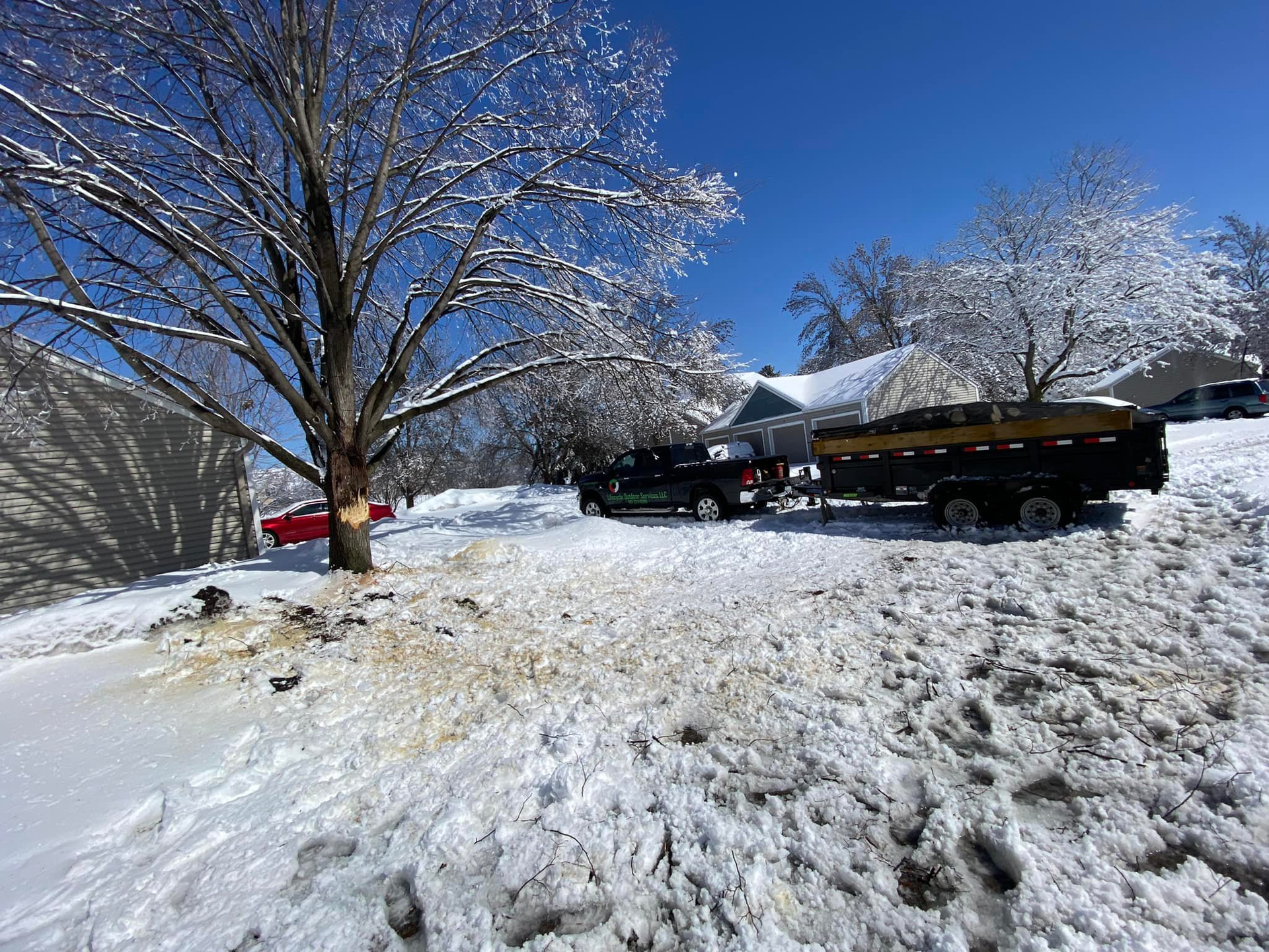 Snowy scene: truck and trailer parked near tree, tree branch cut. Clear, sunny day.