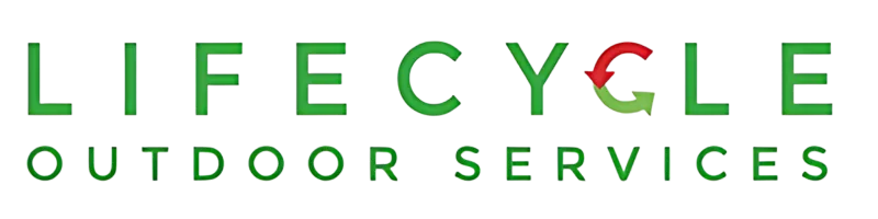 Logo for Lifecycle Outdoor Services, green text with a recycling symbol, red and green arrows.