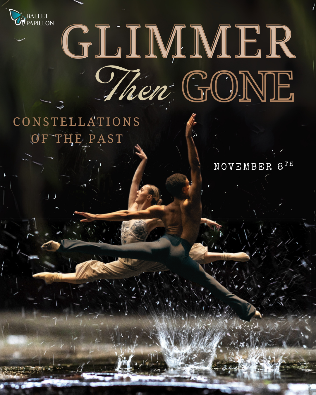 Two dancers mid-air over water, performing ballet. Text reads: