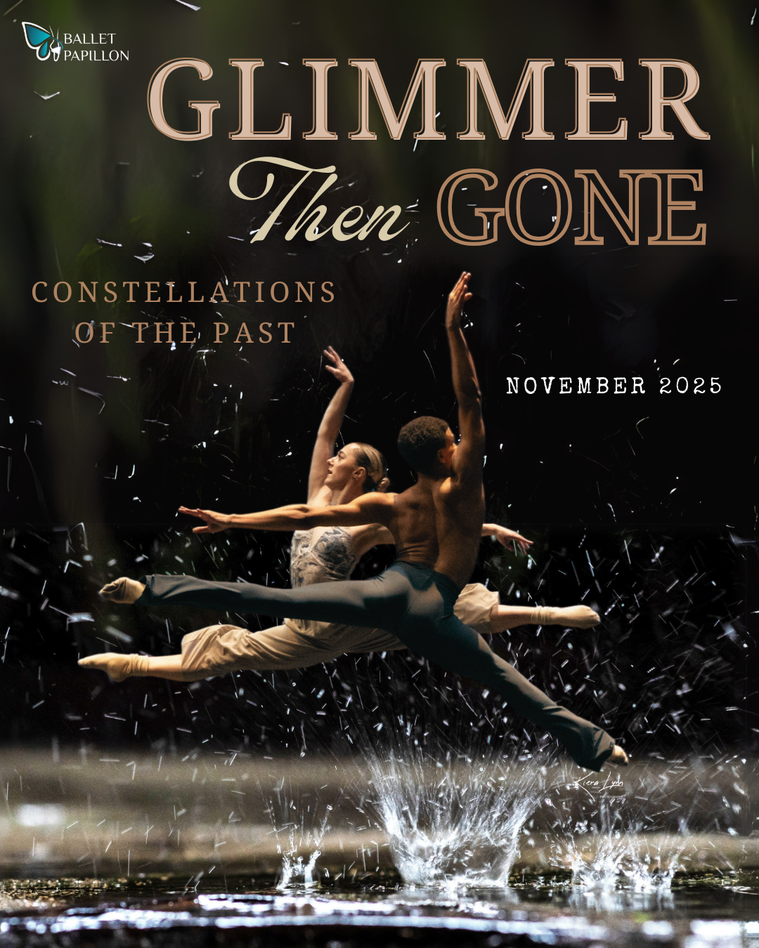 Ballet dancers mid-air over water; title reads "Glimmer Then Gone: Constellations of the Past," November 2021.
