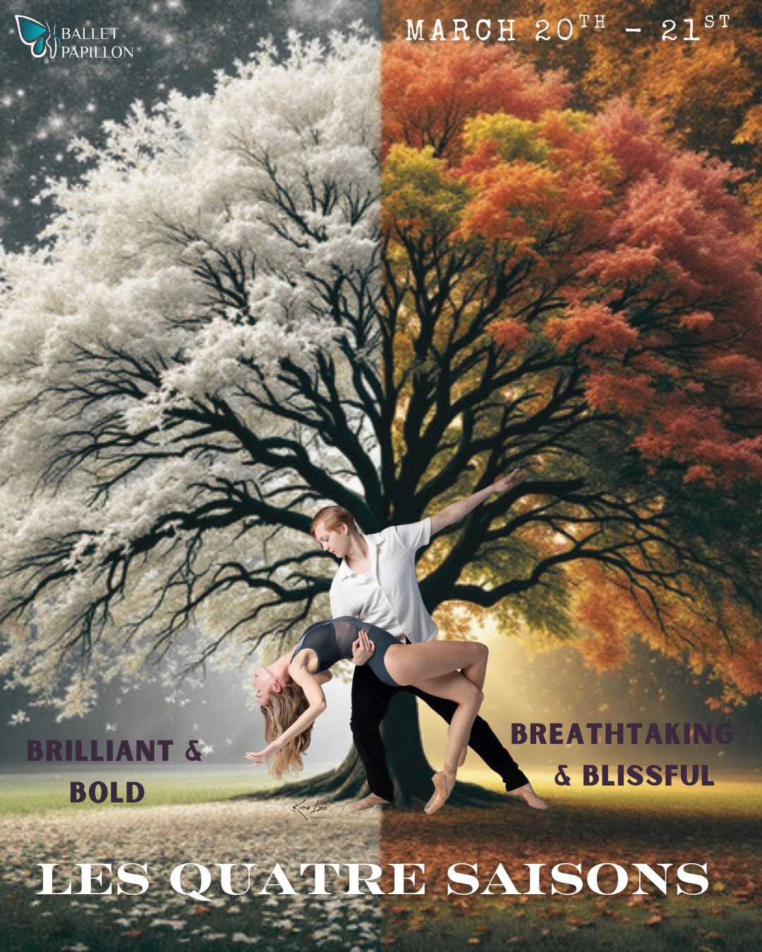 Ballet poster. Dancers in front of a tree split into winter and autumn. March 20th-21st. "Les Quatre Saisons".