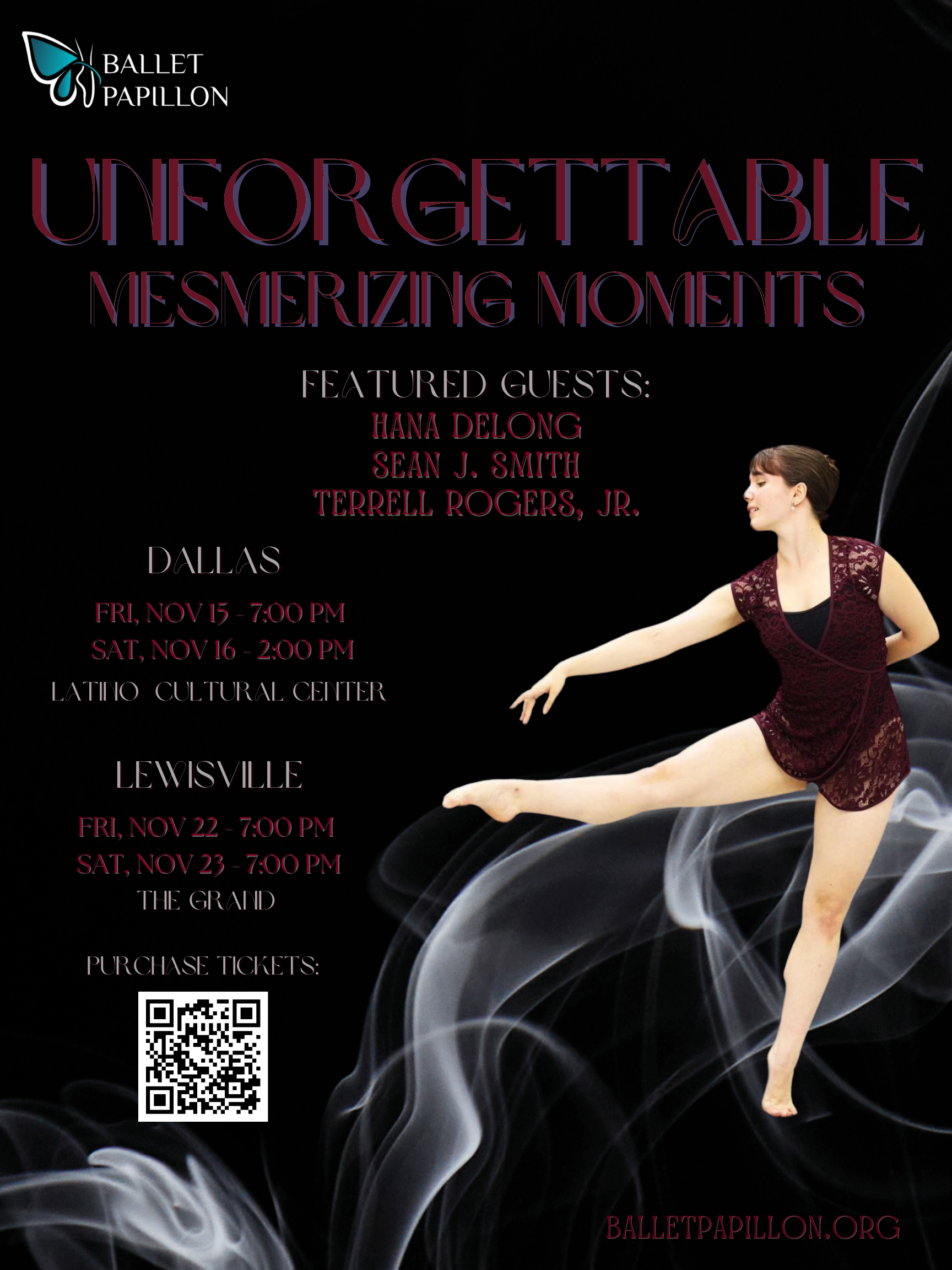 Ballet performance poster. Ballerina in burgundy dress, smoky background, Dallas & Lewisville locations, text.