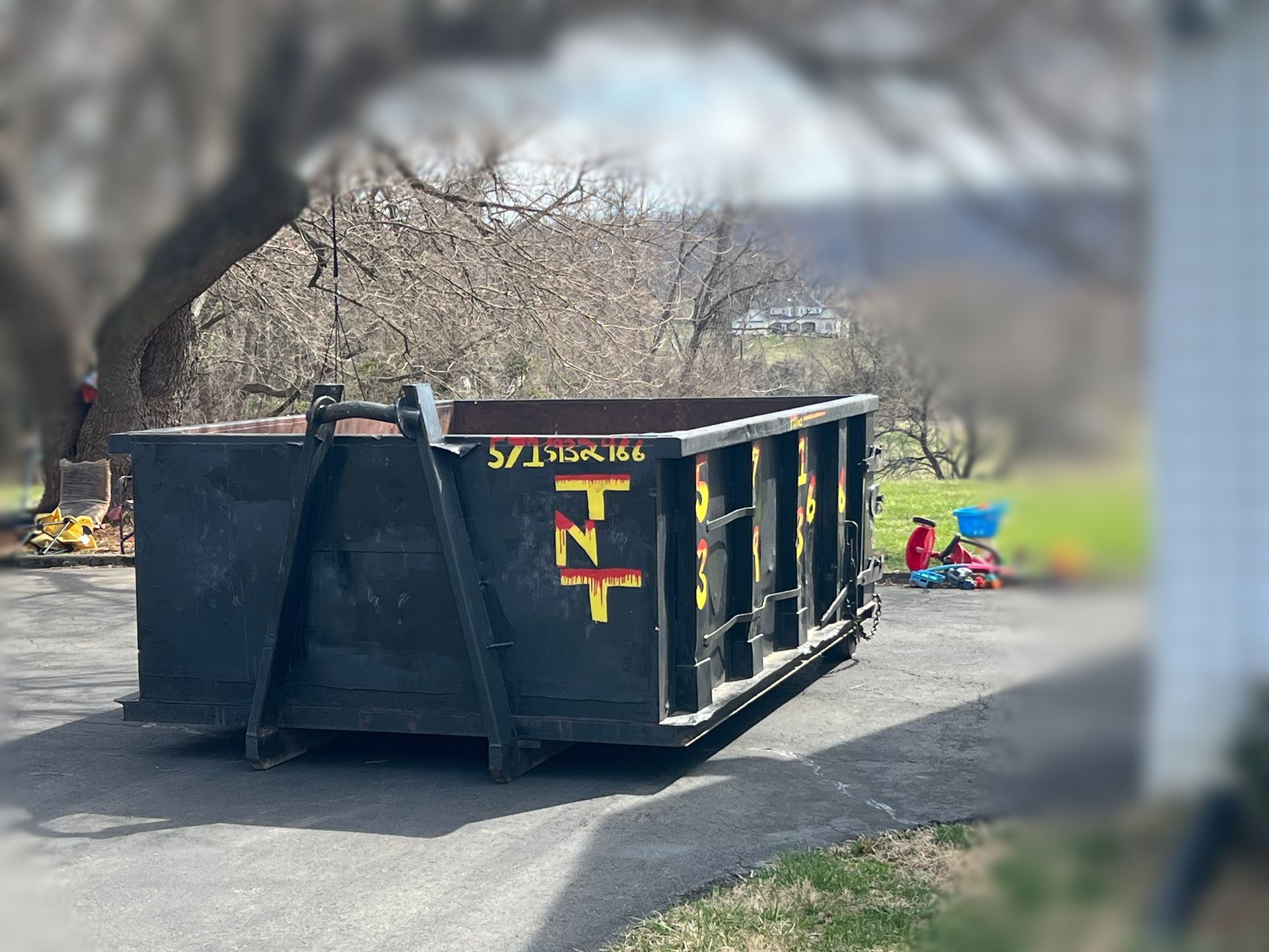 a dumpster in a driveway next to a tree .