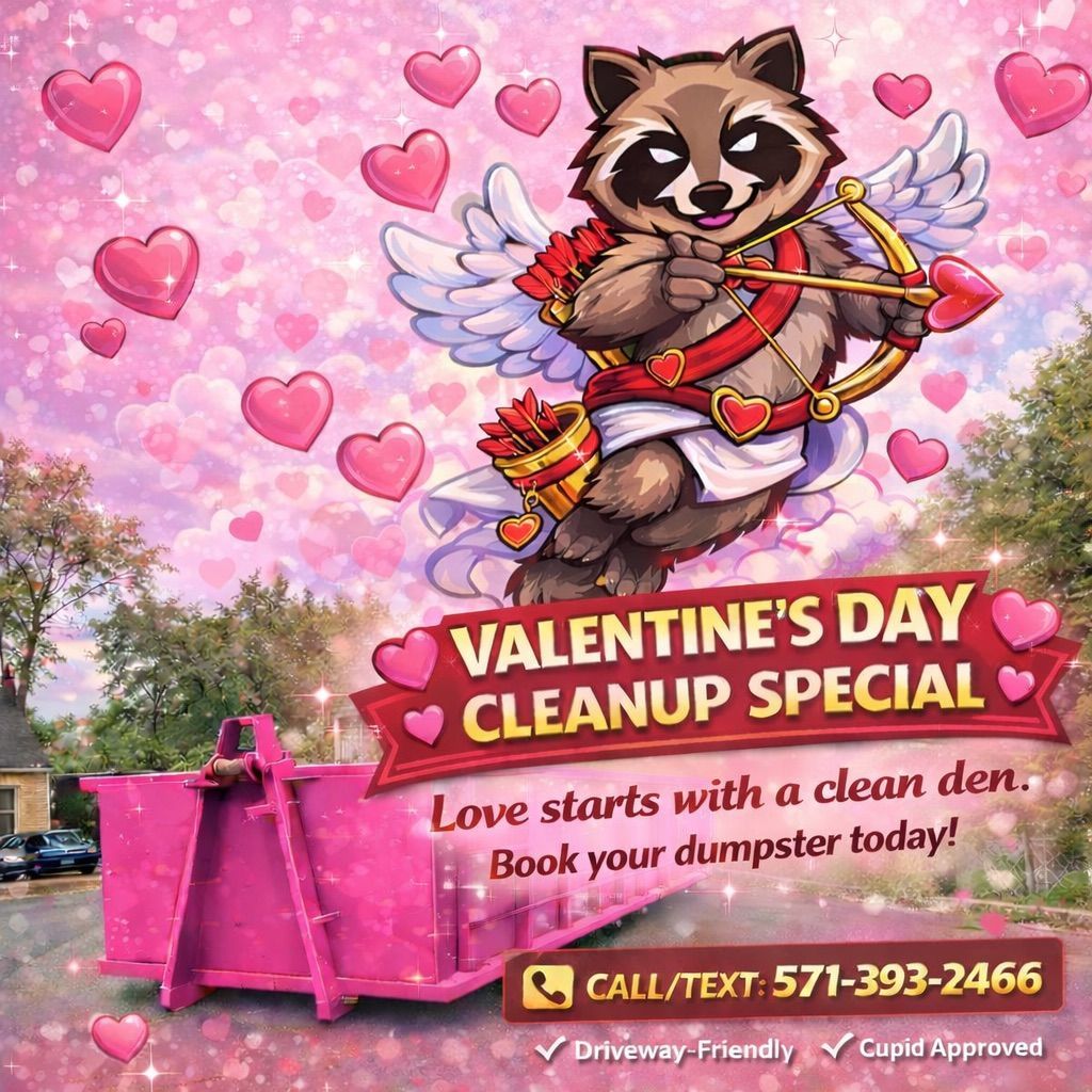 Valentine’s Day dumpster rental special by Talk-N-Trash featuring Cupid raccoon mascot and pink roll