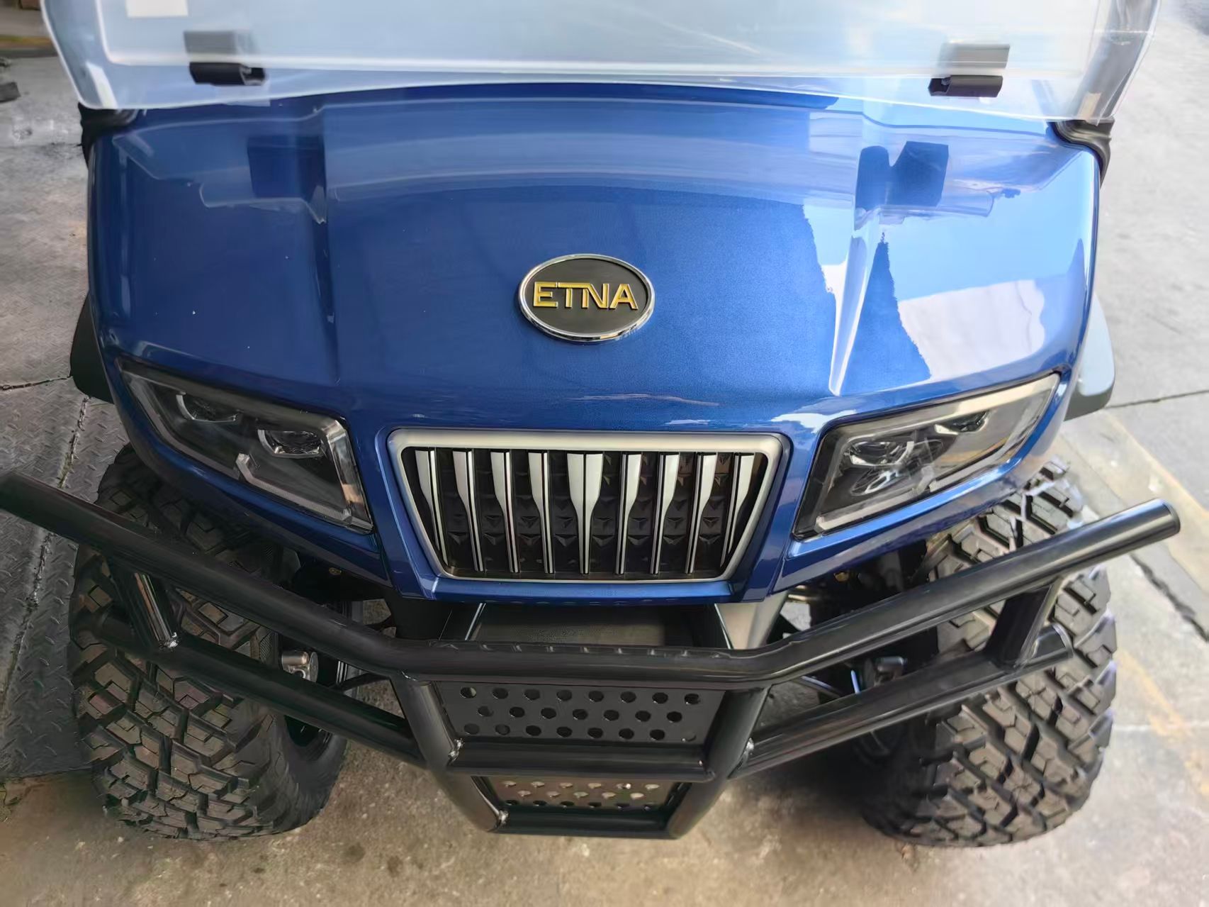 Blue Etha golf cart with black bumper, off-road tires, and silver grill.