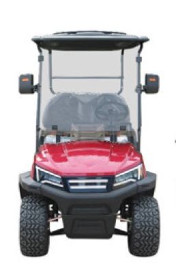 Red golf cart with off-road tires, a windshield, and a black roof.