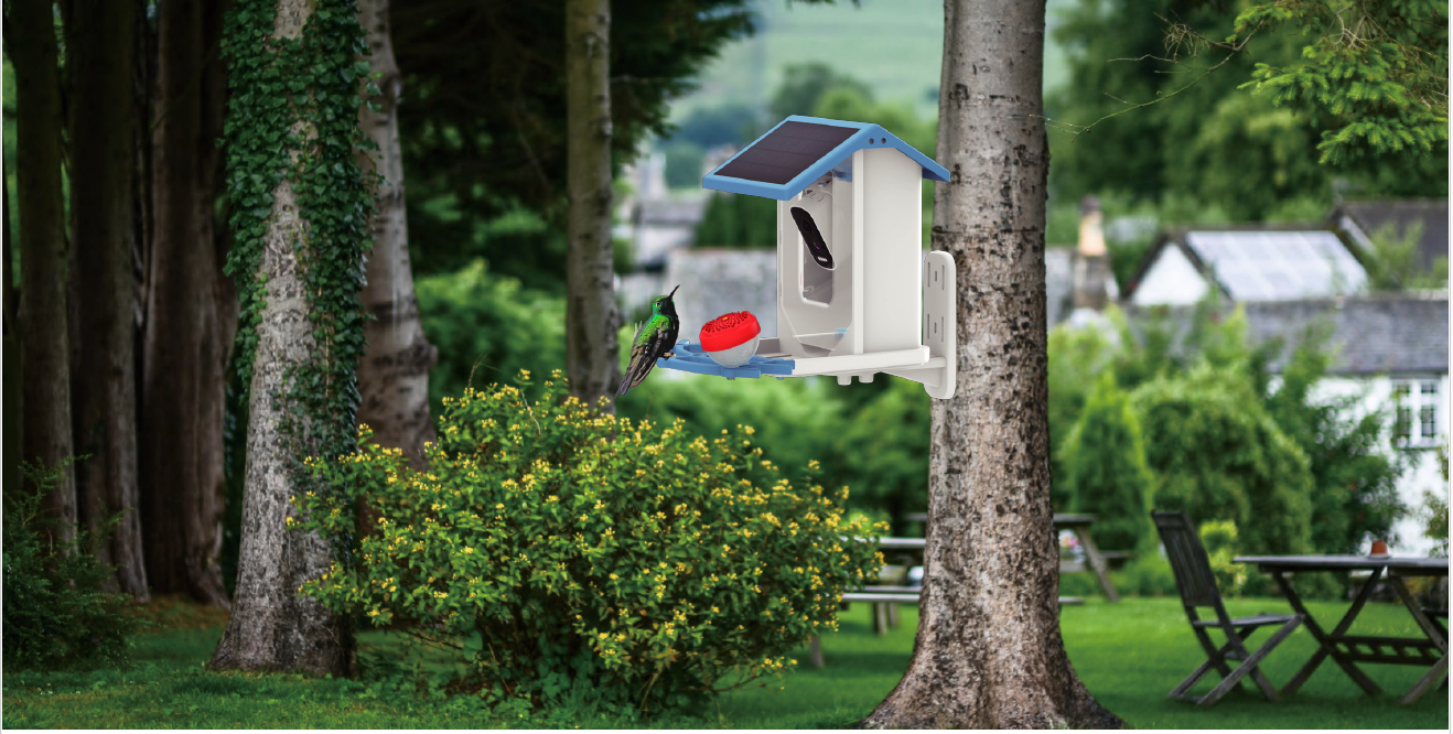 White and blue solar-powered birdhouse with a security camera inside.