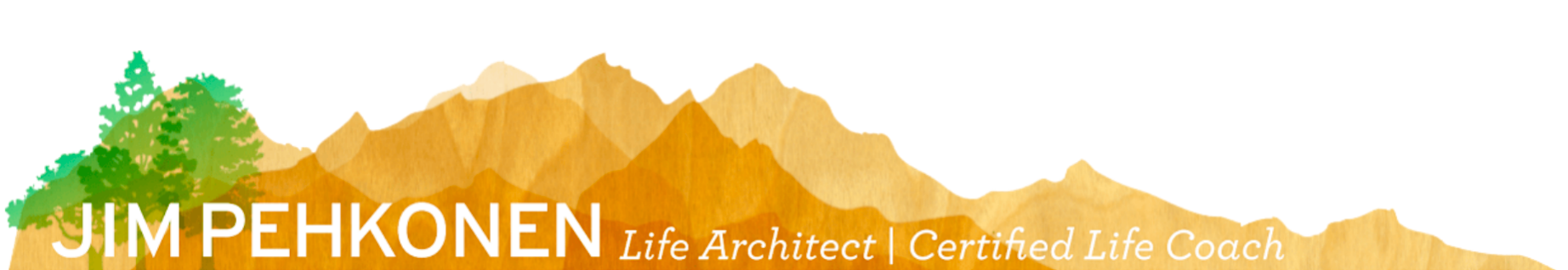 A logo for jim pehkonen with mountains in the background