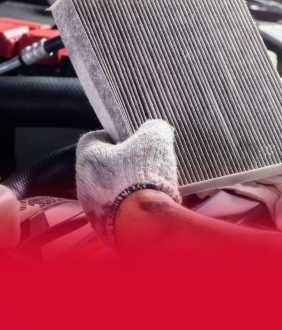 Man wearing gloves holding filter from vehicle to replace for vehicle | Tveten's Auto Clinic