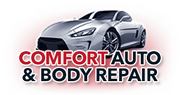 Silver car with Comfort Auto & Body Repair logo.