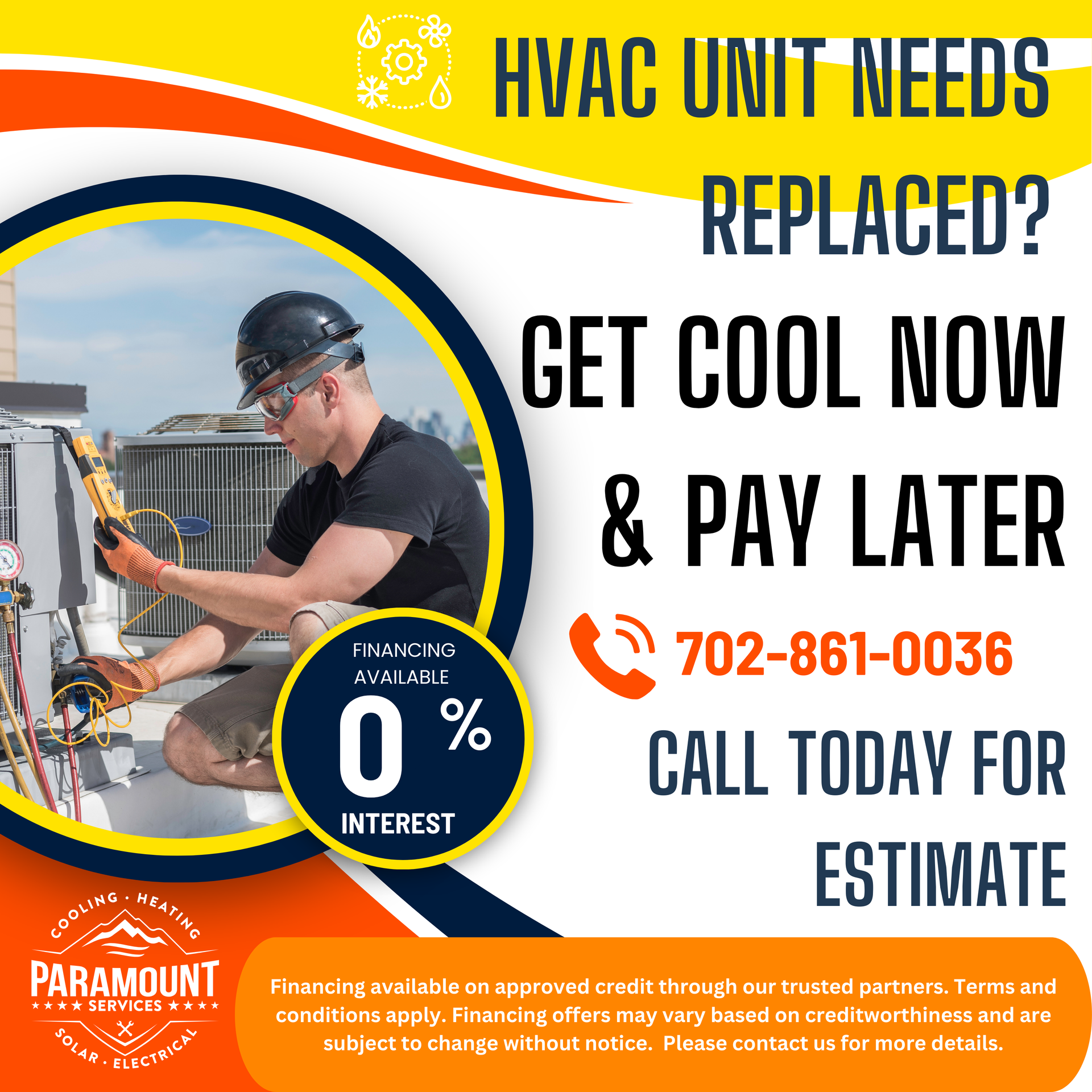 HVAC service ad: Technician working on a unit. Offers 0% interest financing, call 702-861-0036 for a free estimate.