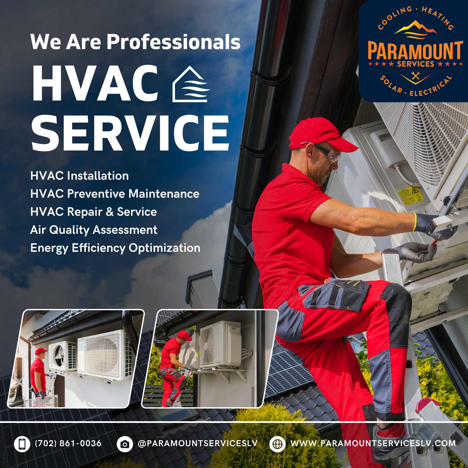 An HVAC service advertisement featuring a technician in red overalls working on an AC unit outdoors, with a logo and service offerings.