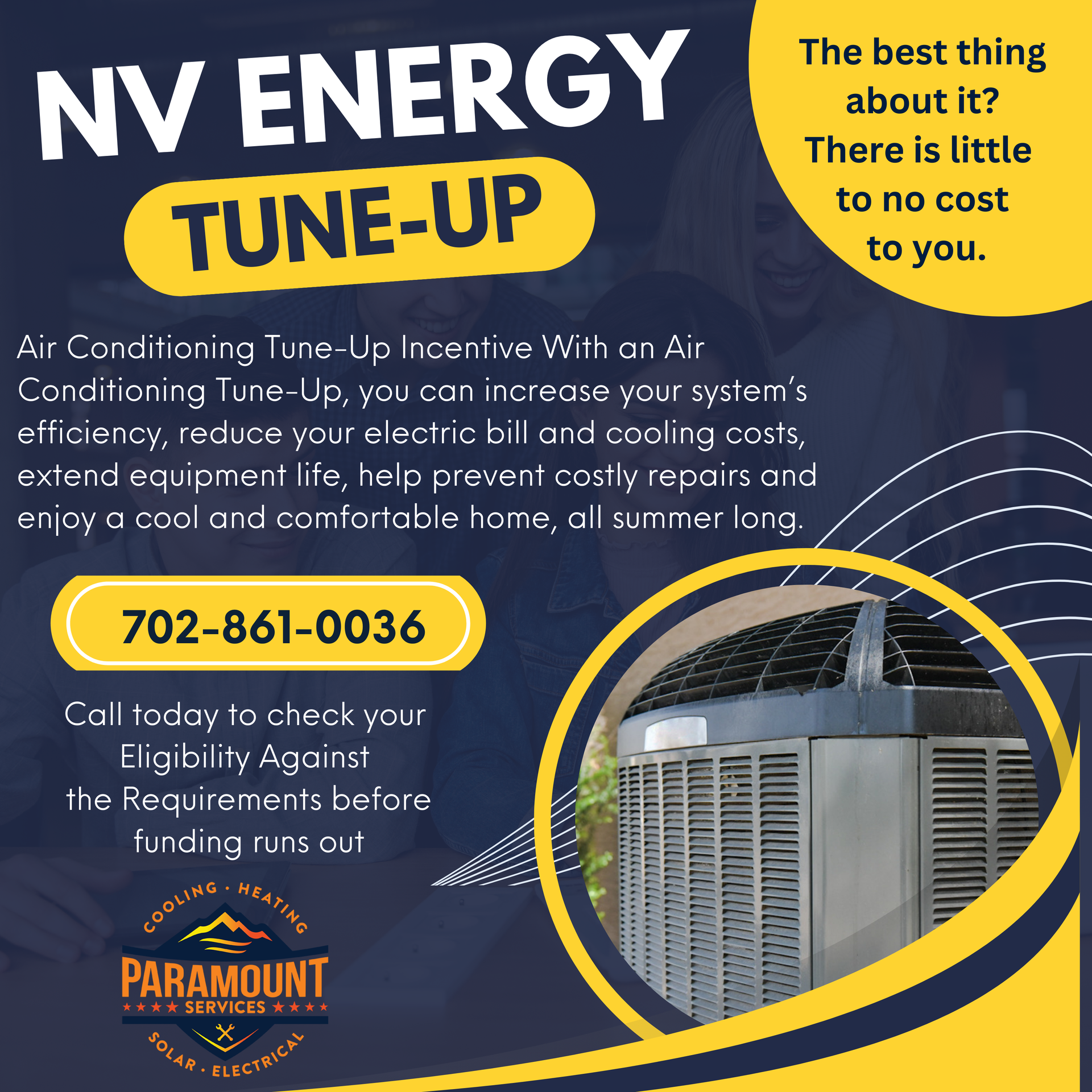 Advertisement for NV Energy Tune-Up program. Features air conditioner, phone number, and describes cost savings, efficiency gains, and home comfort.