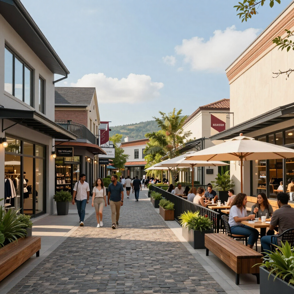 People walk along a sunny, cobblestone outdoor shopping plaza with storefronts and restaurant seating under umbrellas.