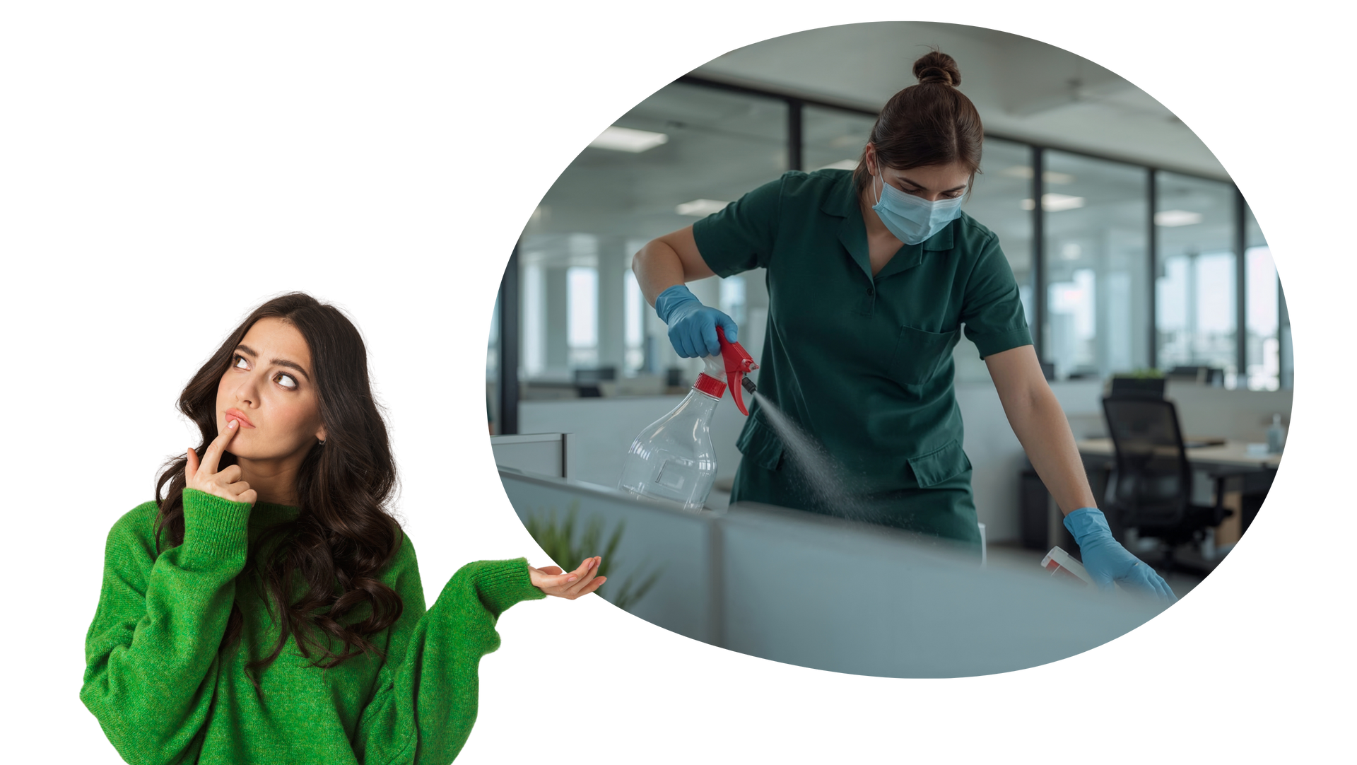 Woman in green sweater pondering; a cleaner in green scrubs sprays and wipes office furniture in thought bubble.