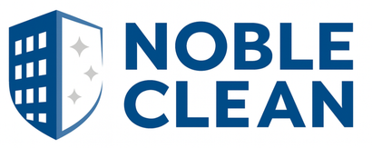 Logo for Noble Clean: a shield with building facade and sparkles, navy blue text.