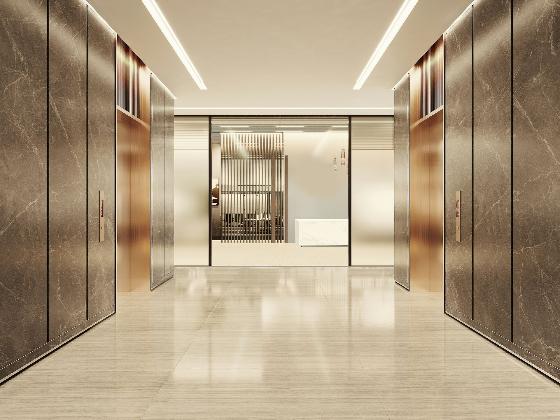 Lobby with marble walls, bronze elevator doors, and a view into another space with frosted glass and modern furnishings.
