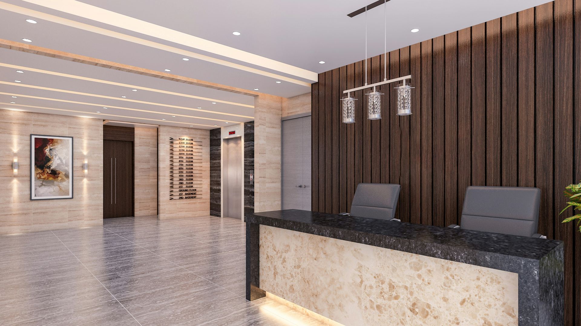 Lobby with marble front desk, wood paneling, elevator, and waiting chairs. Modern design.