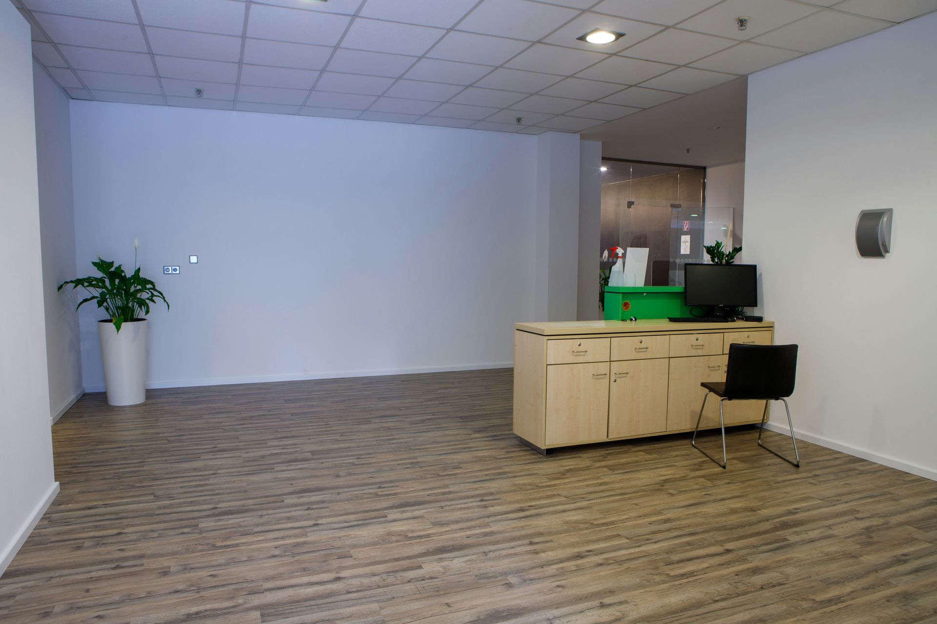 Empty office lobby with a reception desk, potted plant, and neutral flooring.