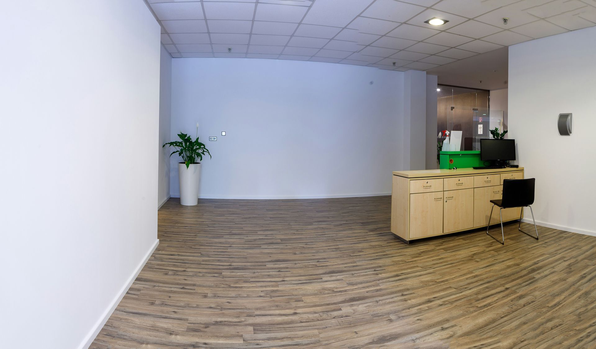 Office lobby with light wood cabinets, plant, and brown carpet. White walls and ceiling.