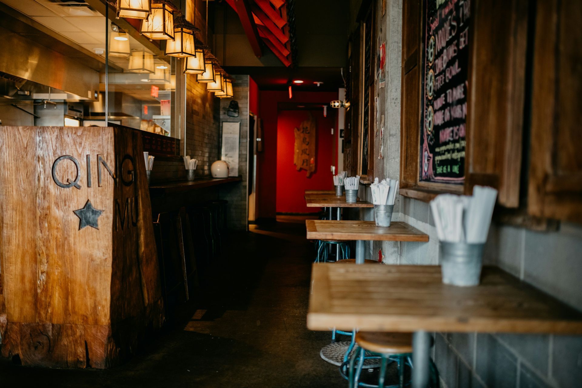 Interior of a restaurant, wooden counter with
