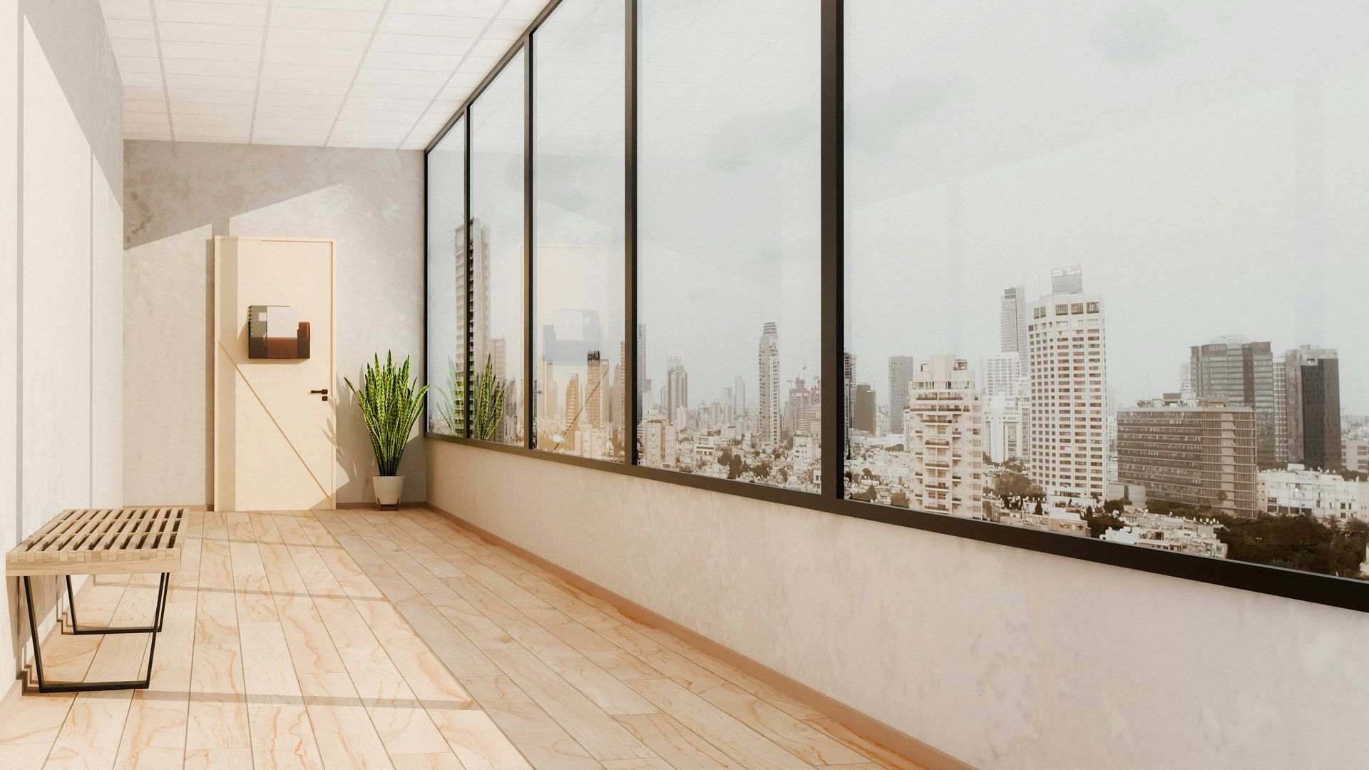 Long hallway with city view, wooden floor, bench, door, potted plant, and large windows.