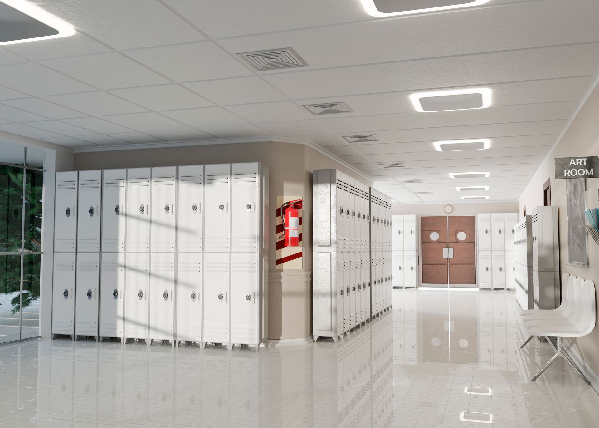 Bright, white school hallway with lockers, doors, and a few chairs. Sunlight streams in from a window.