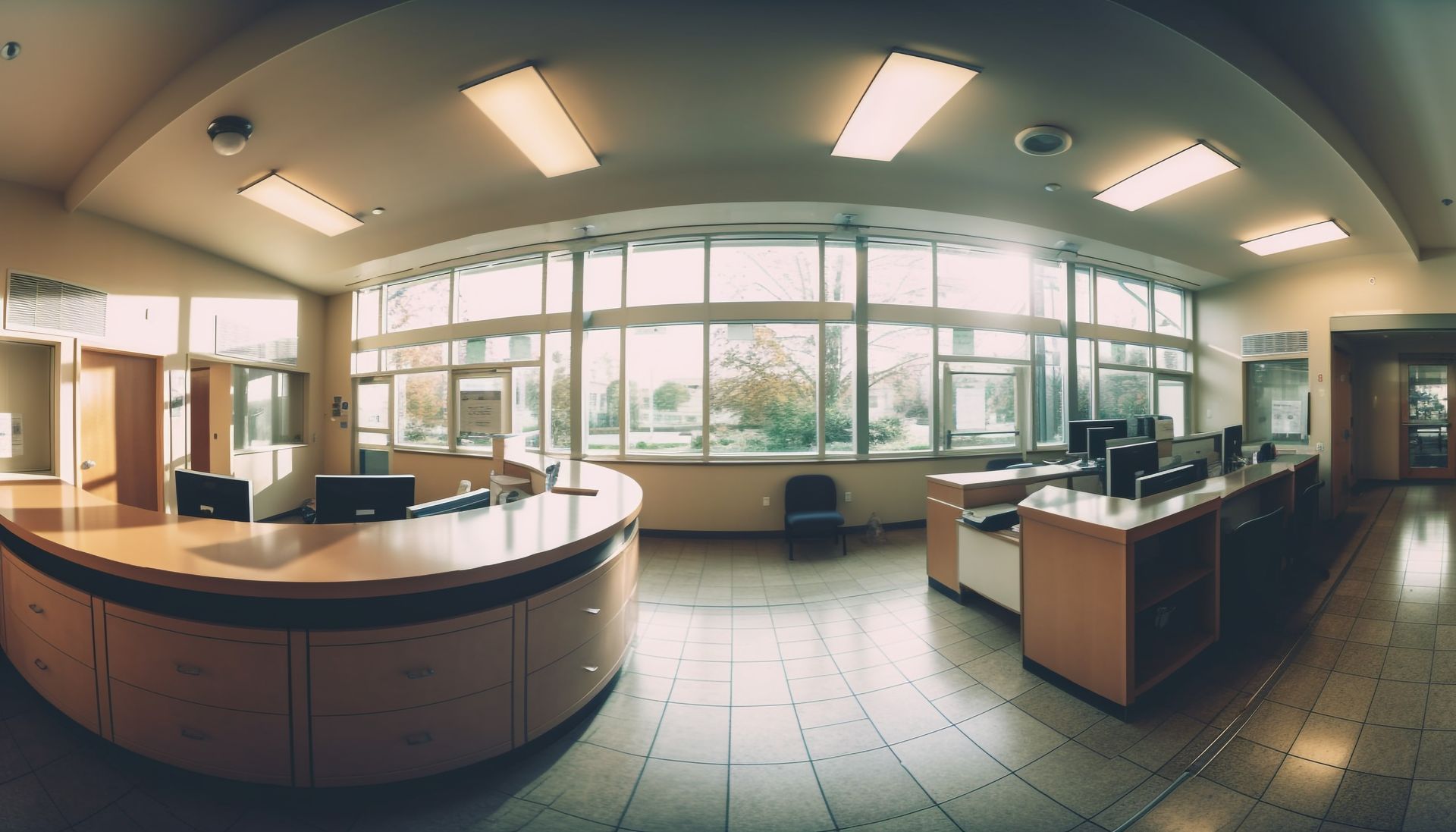 Bank teller booths with brass rails and globe lamps, interior shot.
