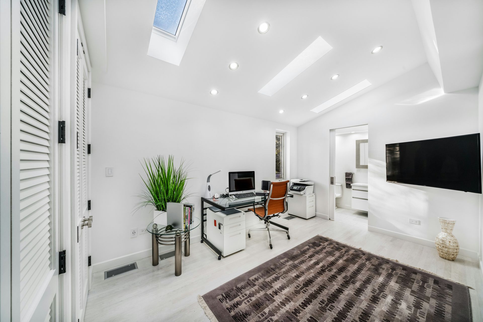Bright white home office with desk, computer, printer, and TV. Skylights and a rug complete the room.