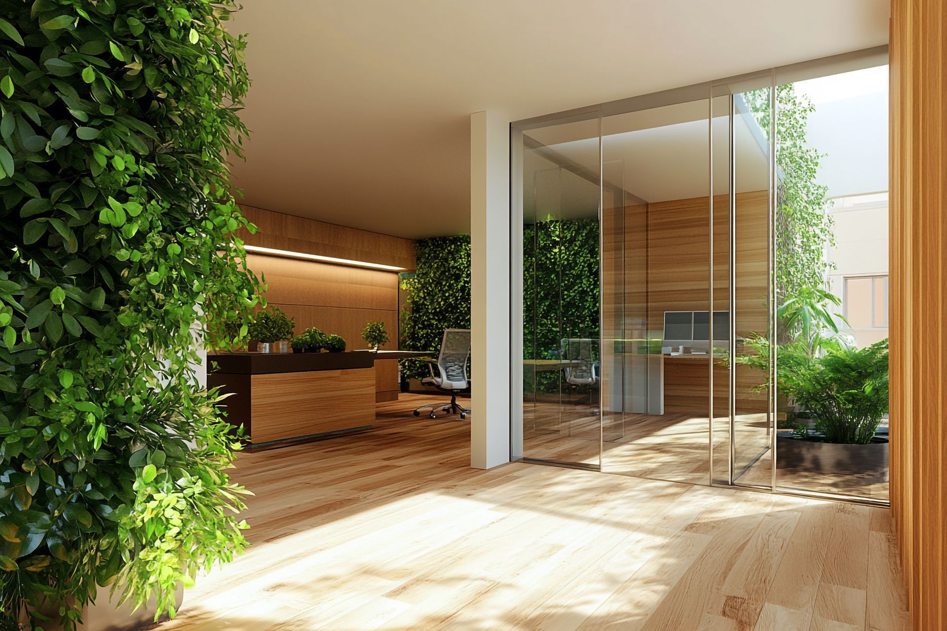 Office interior with living walls, wooden floors and desk, and glass doors.