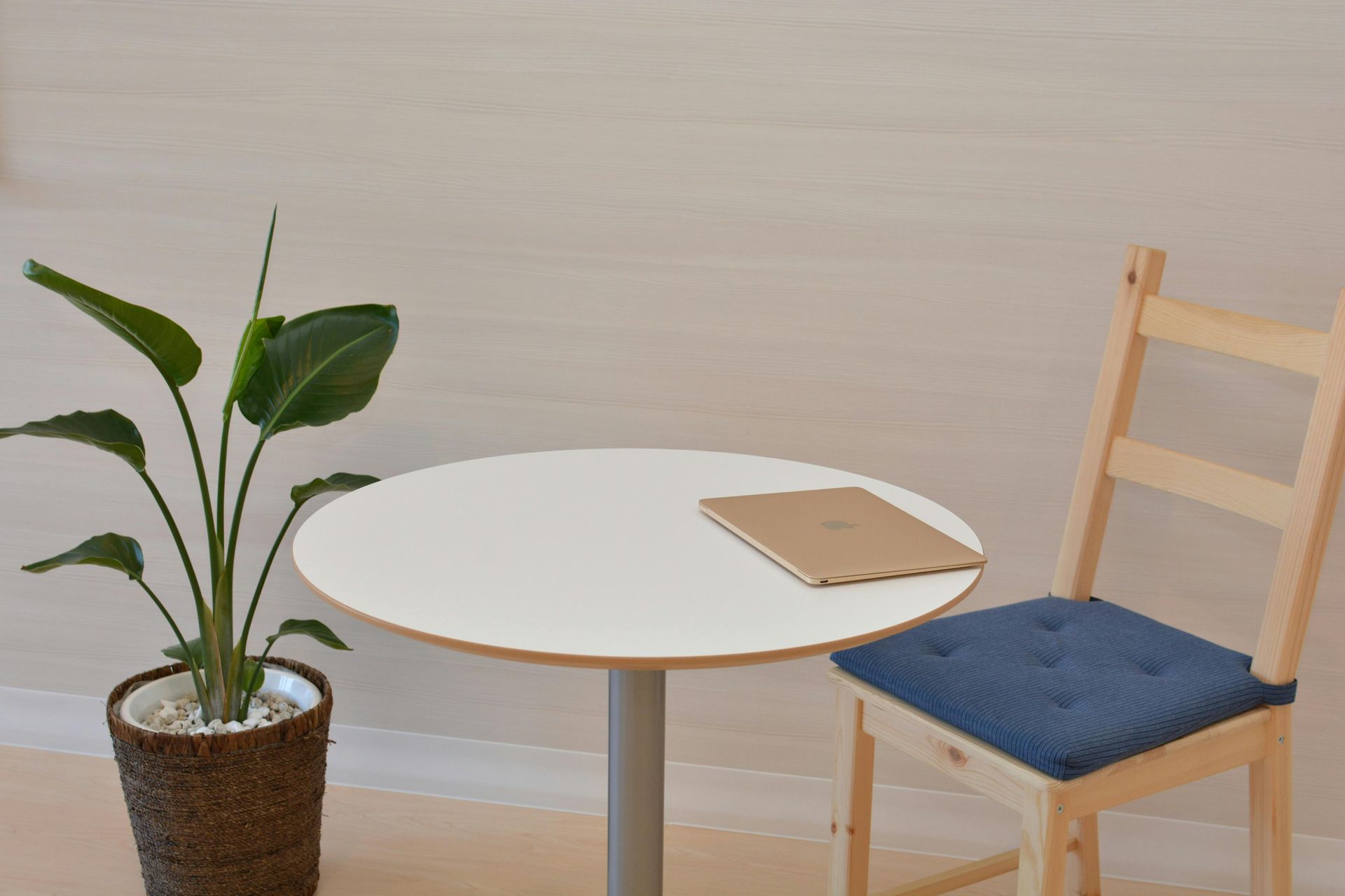 A round white table with a notepad, chair with blue cushion, and potted plant against a light-colored wall.