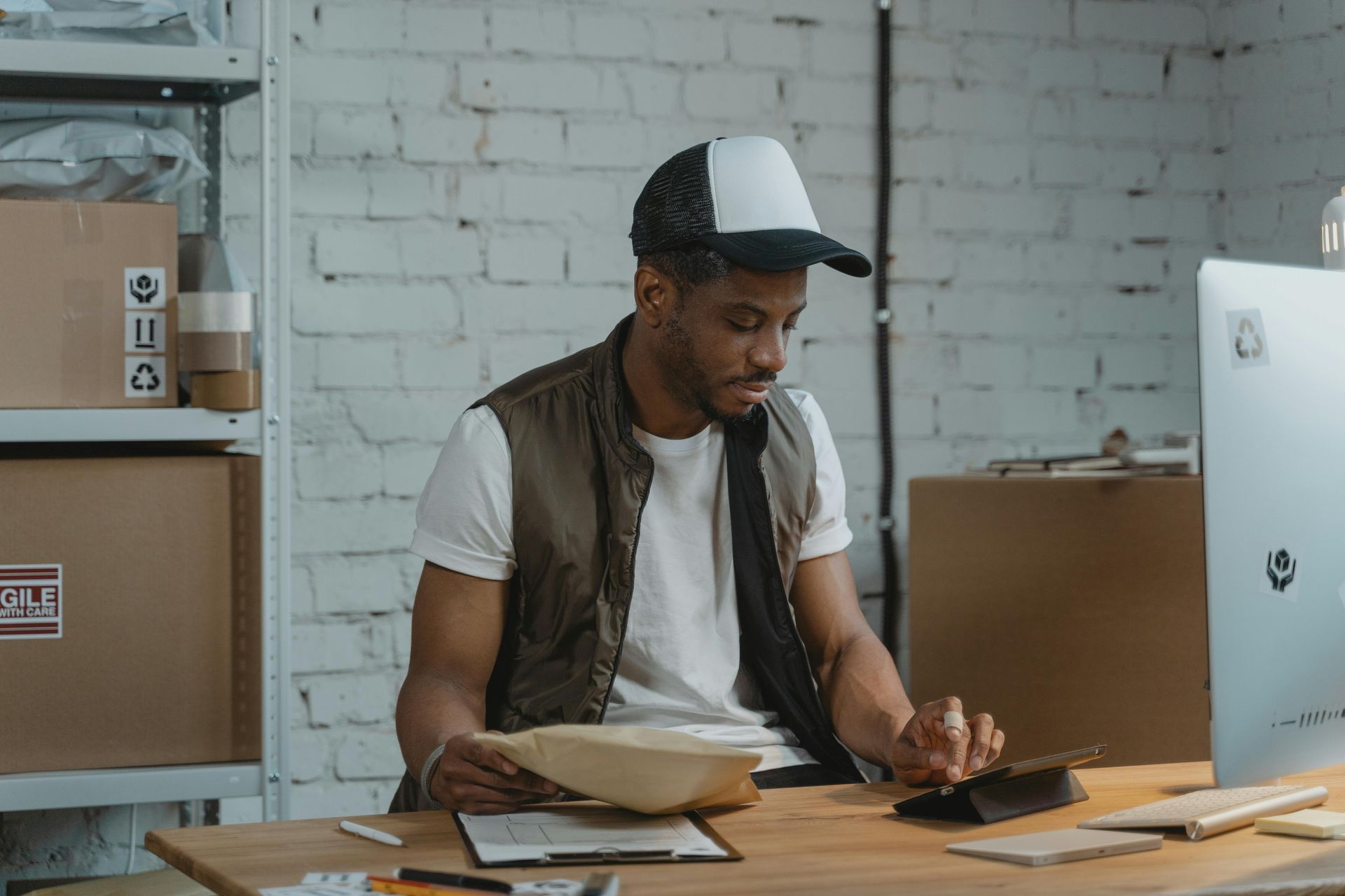 Man in cap and vest, working at a desk with packages in the background.