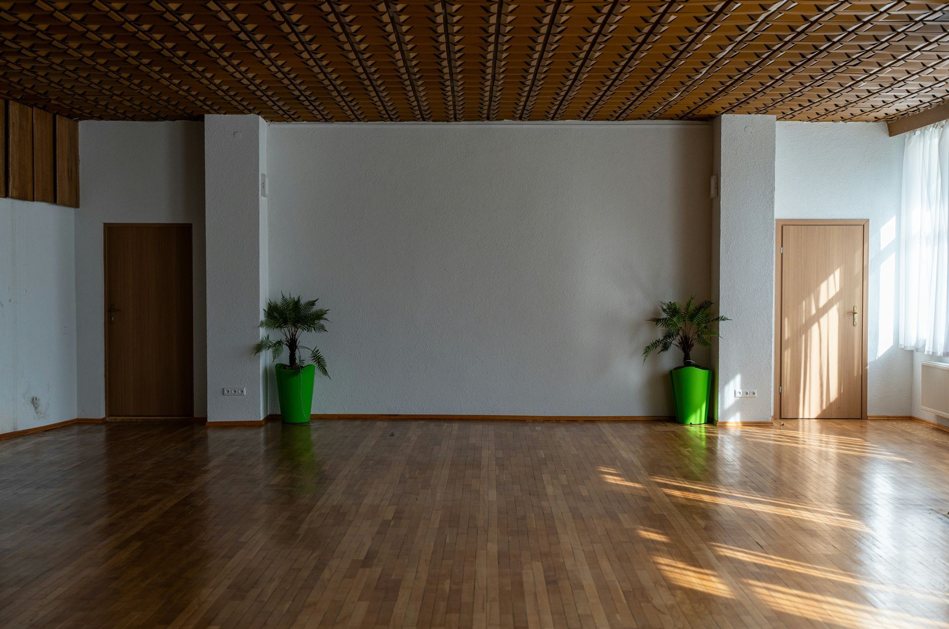Empty room with wood floor, white walls, two doors, two potted plants, and patterned ceiling.