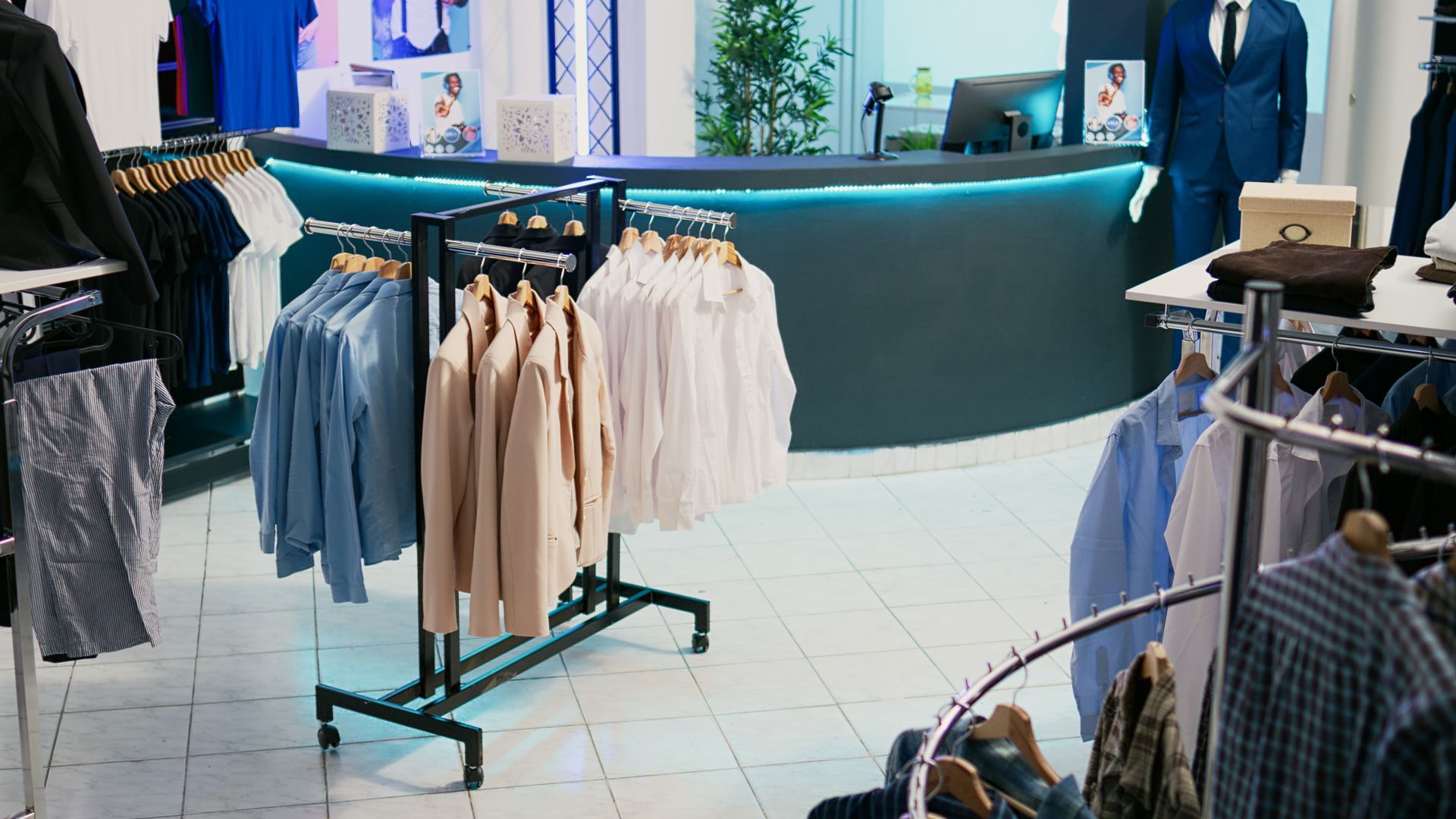 Clothing store interior with racks of shirts in blue and beige, with a checkout counter in the background.