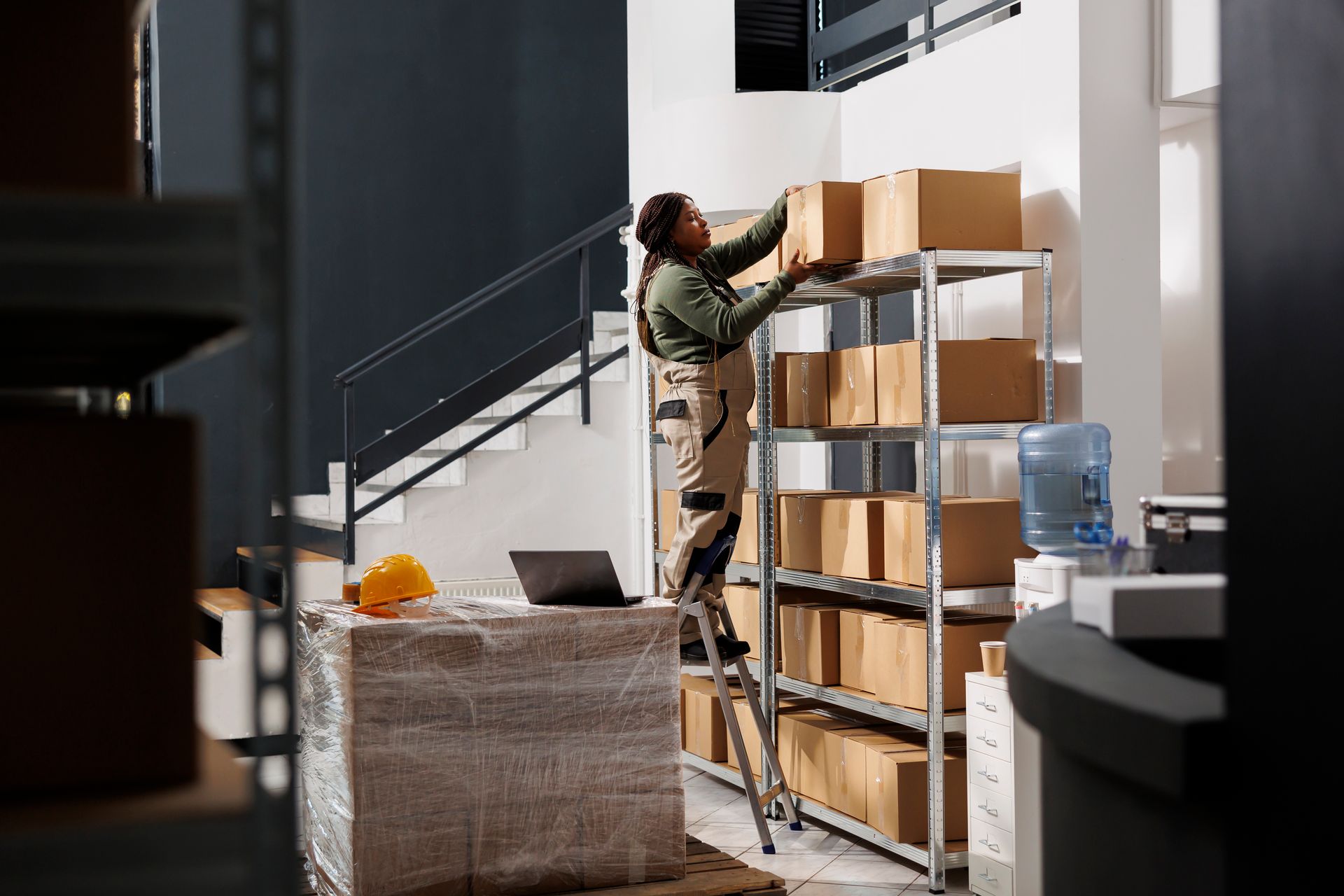 Woman in warehouse, on ladder, reaching for a box on a shelf.