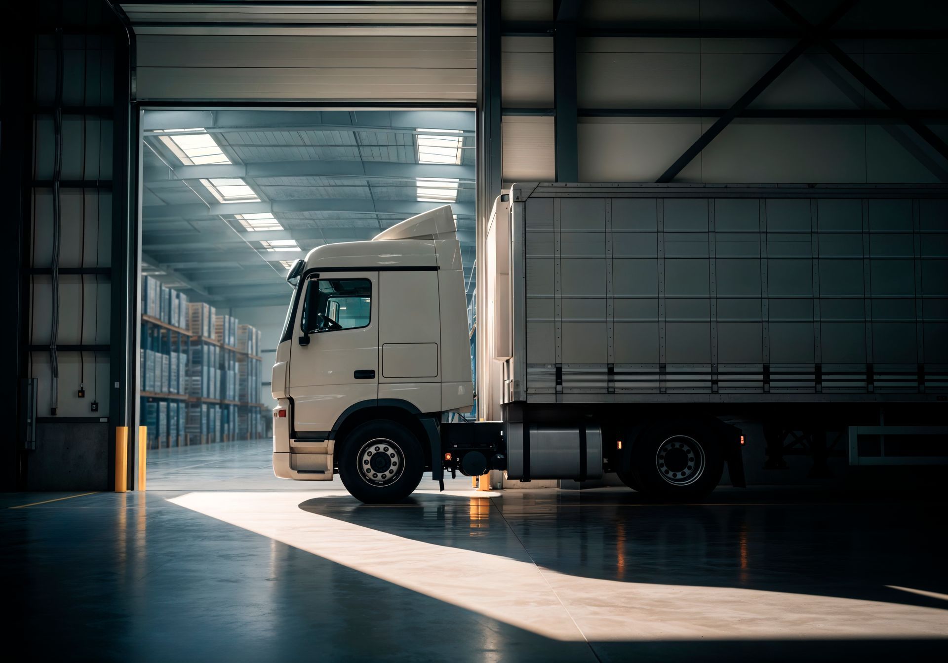 Truck parked in warehouse doorway, ready for loading, with sunlight streaming in.