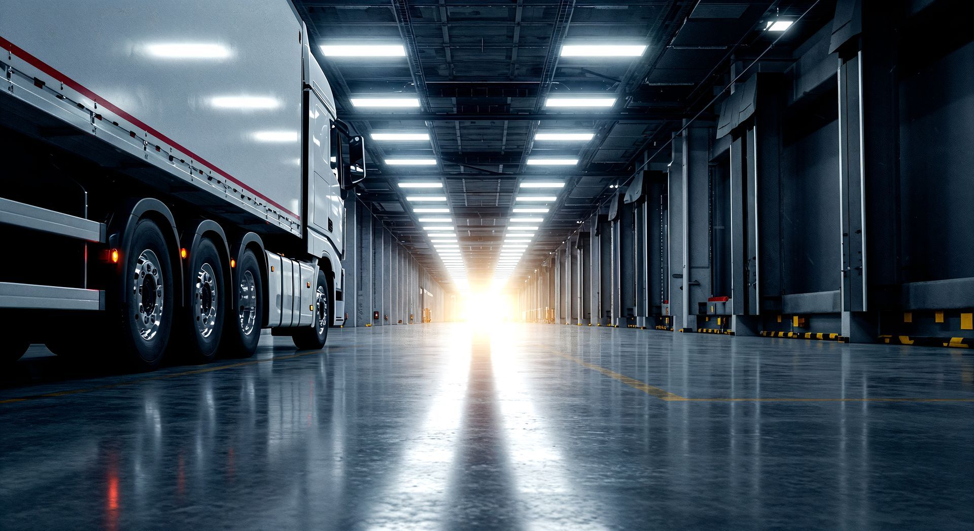 Restaurant interior: counter with food prep area, red chairs, white tables. Dark wood, tiled wall, and hanging lights.