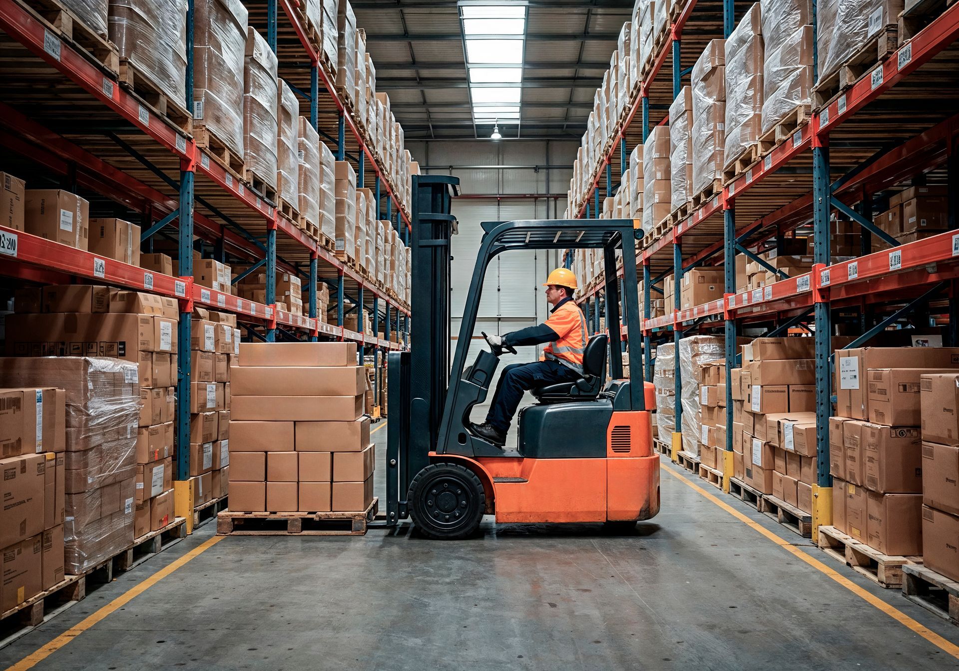 Forklift operator moving boxes in a warehouse. Orange forklift, brown boxes, and metal shelving.
