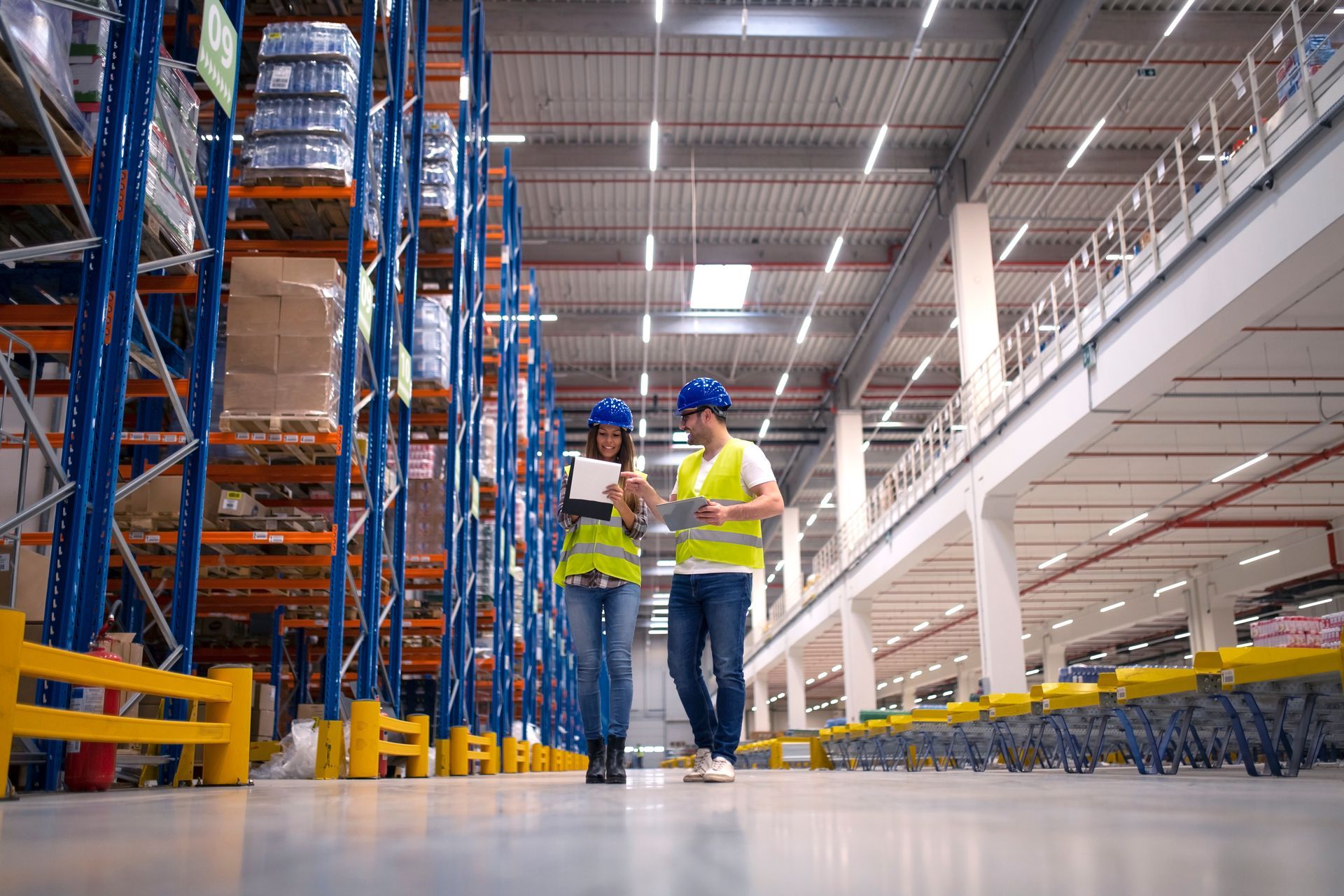 Two warehouse workers in safety gear reviewing paperwork in a large warehouse with tall shelving.