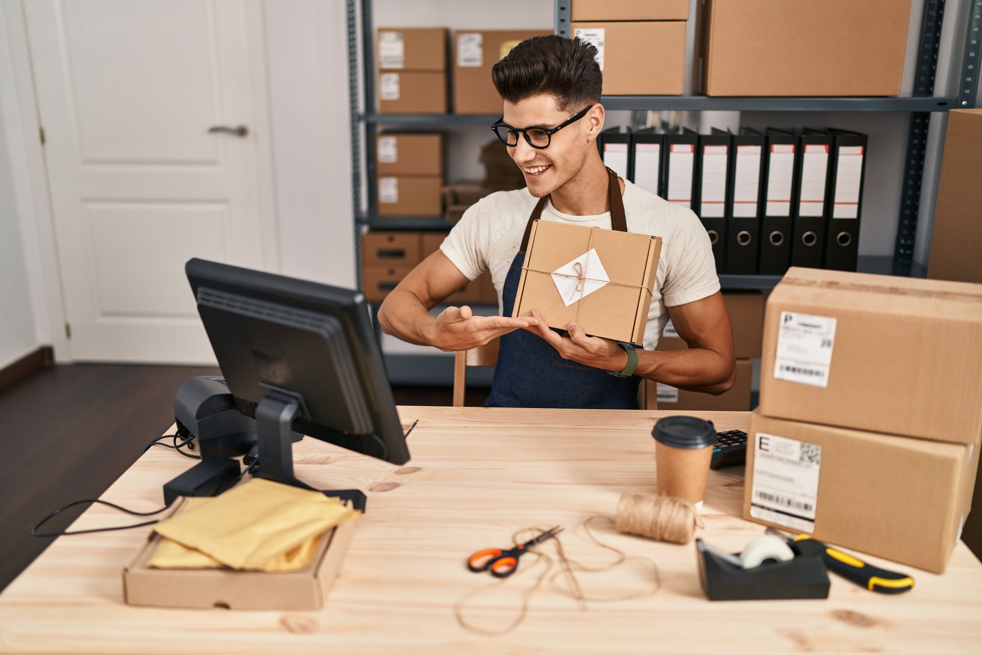 Man in apron points to a package while on a video call in a shipping room.