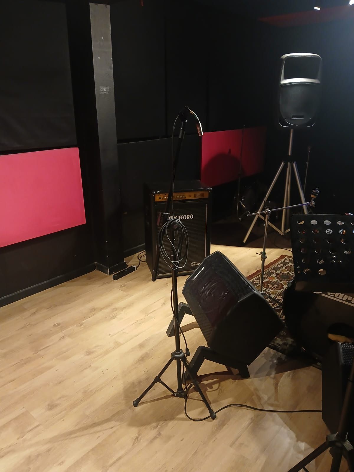 Um estúdio de gravação com um microfone e alto-falantes no chão