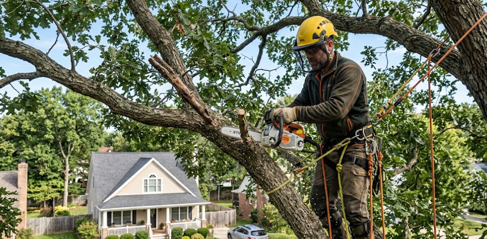 An arborist in a yellow hard hat and safety gear uses a chainsaw to cut a tree branch high above a residential street.