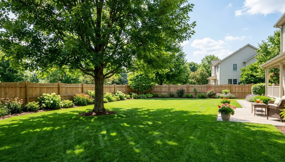 A lush green backyard with a large central tree, wood fencing, and a small patio area with outdoor furniture.