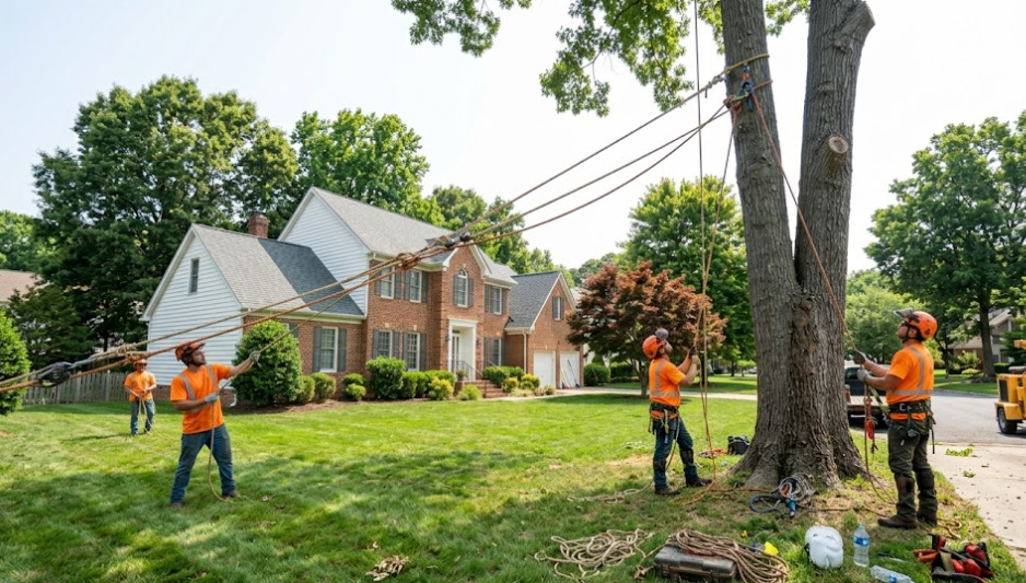 Professional tree removal Charlottesville crew lowering a large branch safely in a residential backyard.