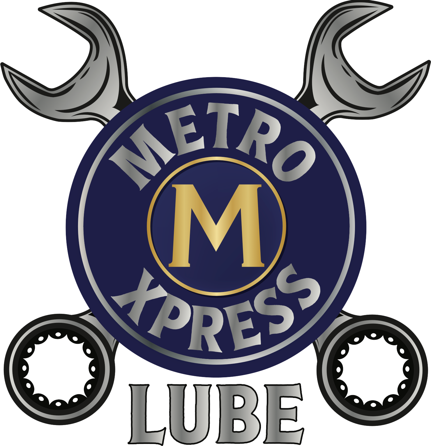 Metro Express Lube logo with wrenches, a circular logo, and a banner.