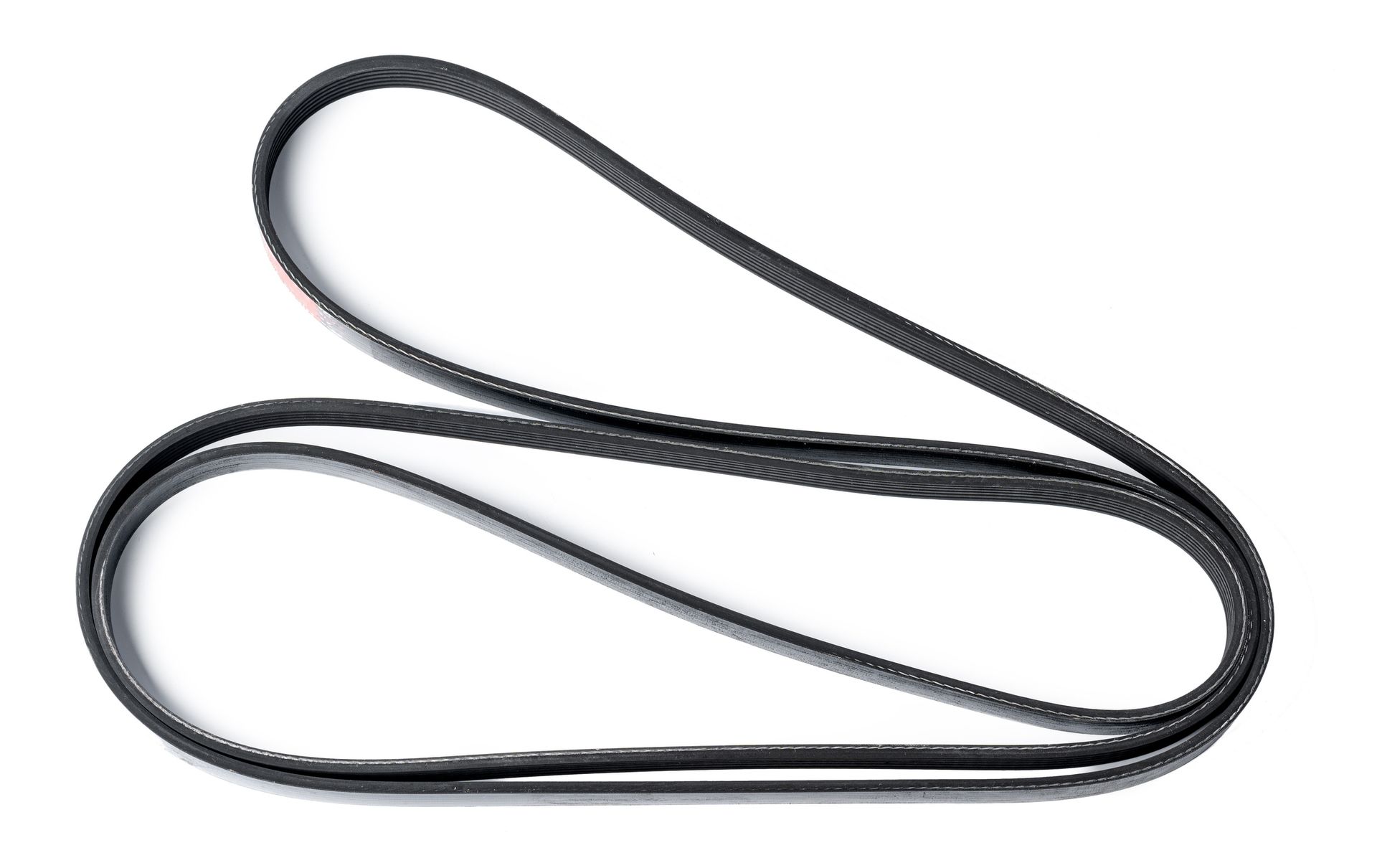 Serpentine belt, black rubber, looped shape.