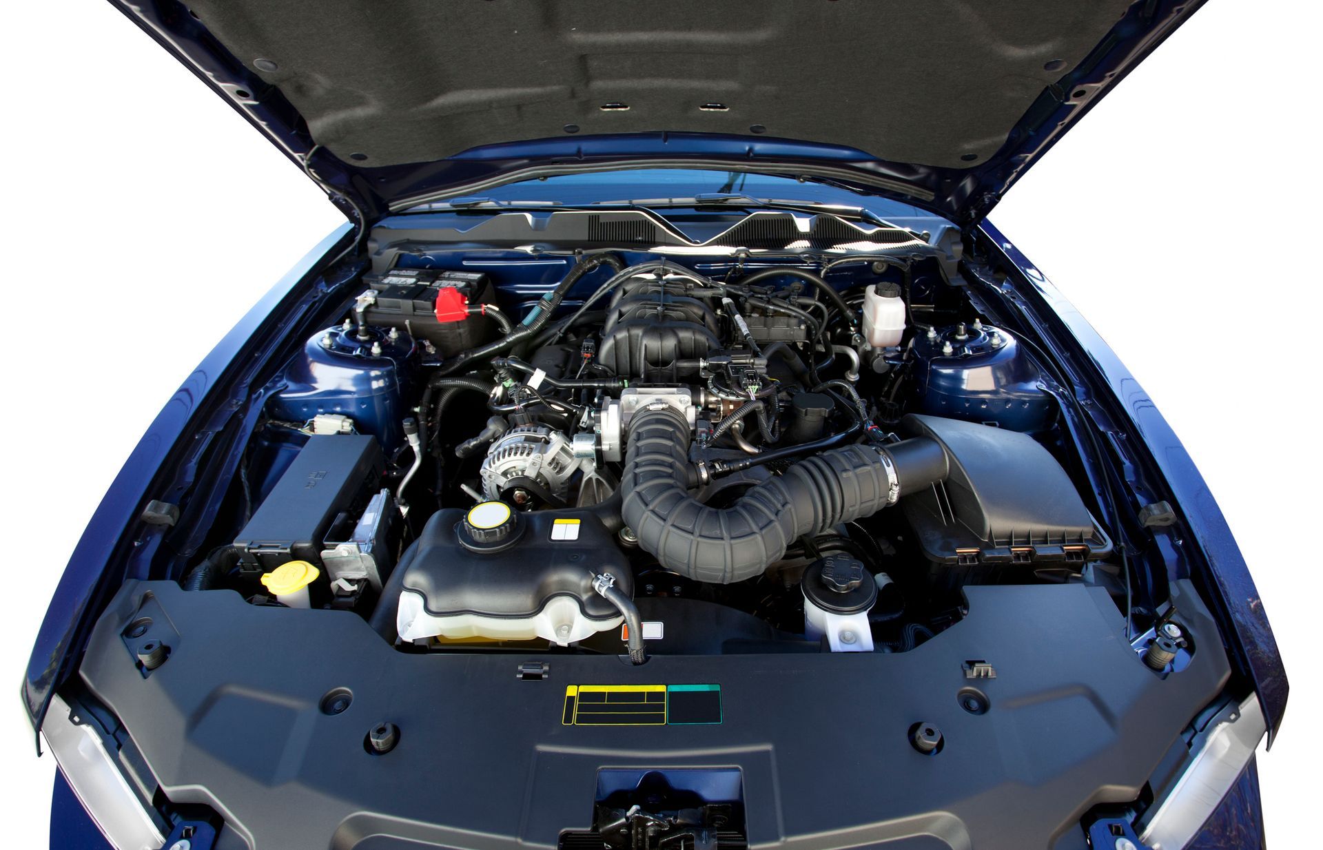 Blue car engine bay with the hood open.