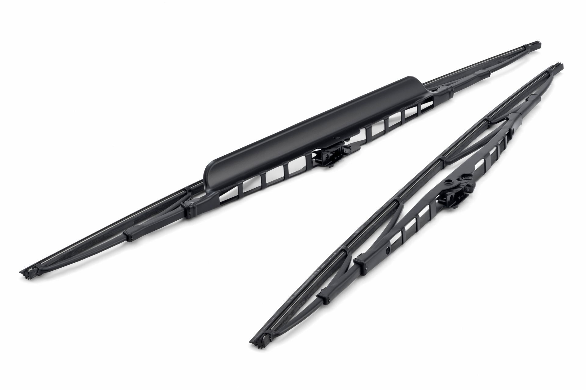 Two black windshield wiper blades on a white background.