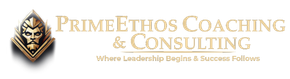 The logo for primeethos coaching and consulting has a lion on it.