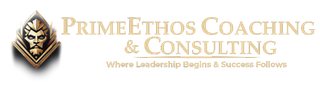 The logo for primeethos coaching and consulting has a lion on it.